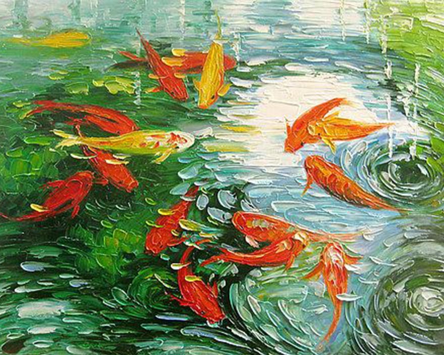 Handmade Koi Fish Canvas Wall Art Oil Paintings for Home
